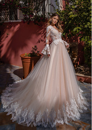 Bell Sleeves Beaded Lace Tulle Peplum Wedding Dress